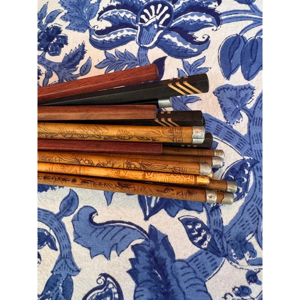 Vintage Assorted‎ Chopsticks Set 9 Pairs Bamboo Carved Wood Lacquer Inlaid Decor
